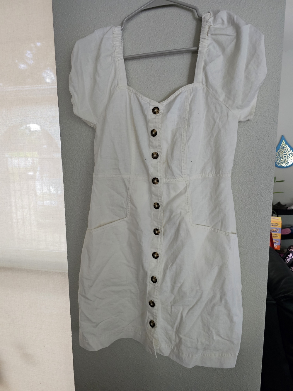 Madewell White Button-Front Mini Dress with Puff Sleeves